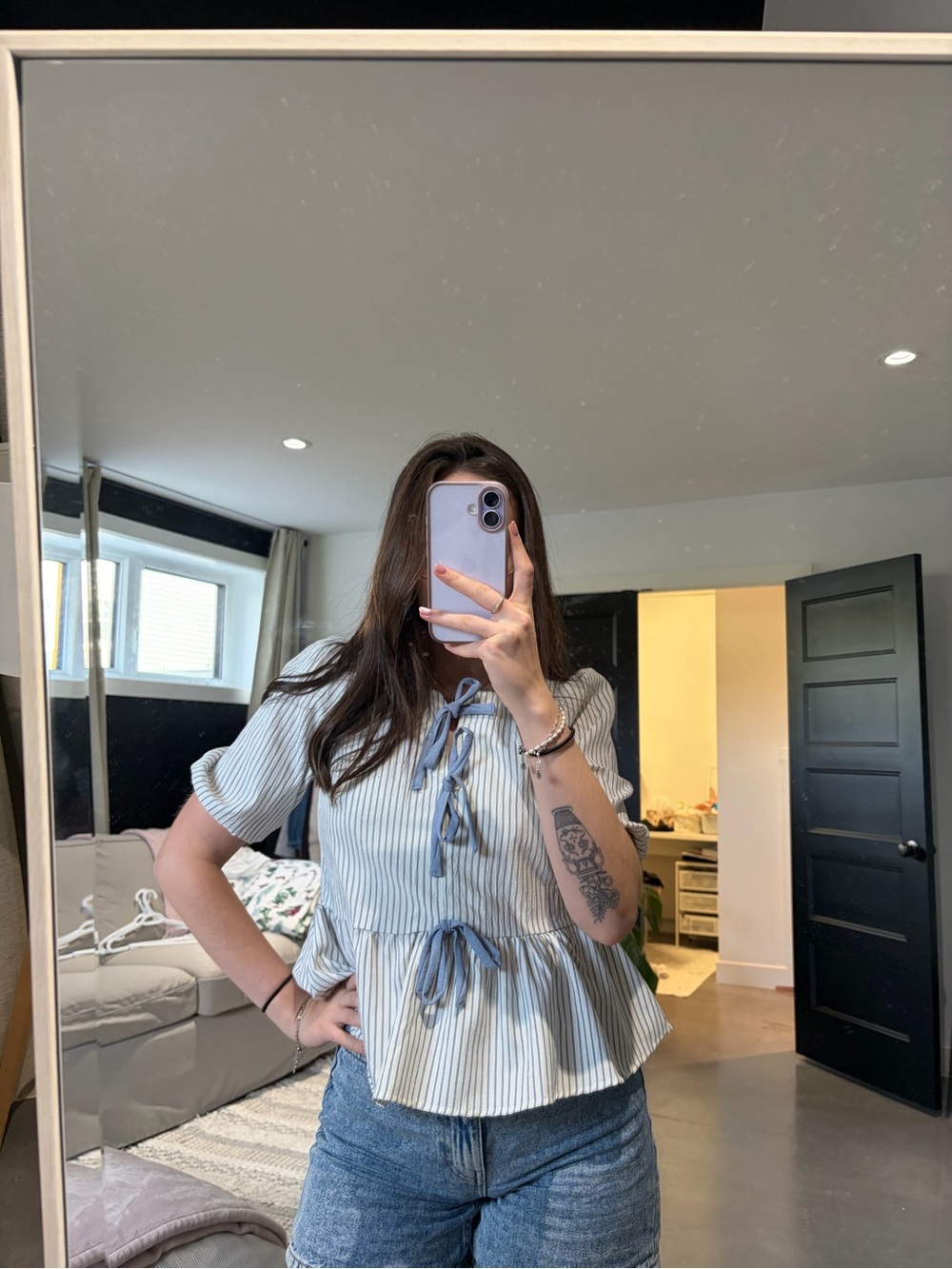 Monteau Blue and White Striped Tie-Front Peplum Blouse